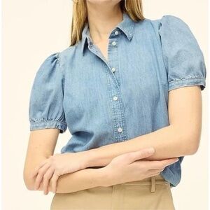 J CREW, DENIM PUFF SHORT SLEEVE TOP SIZE XL